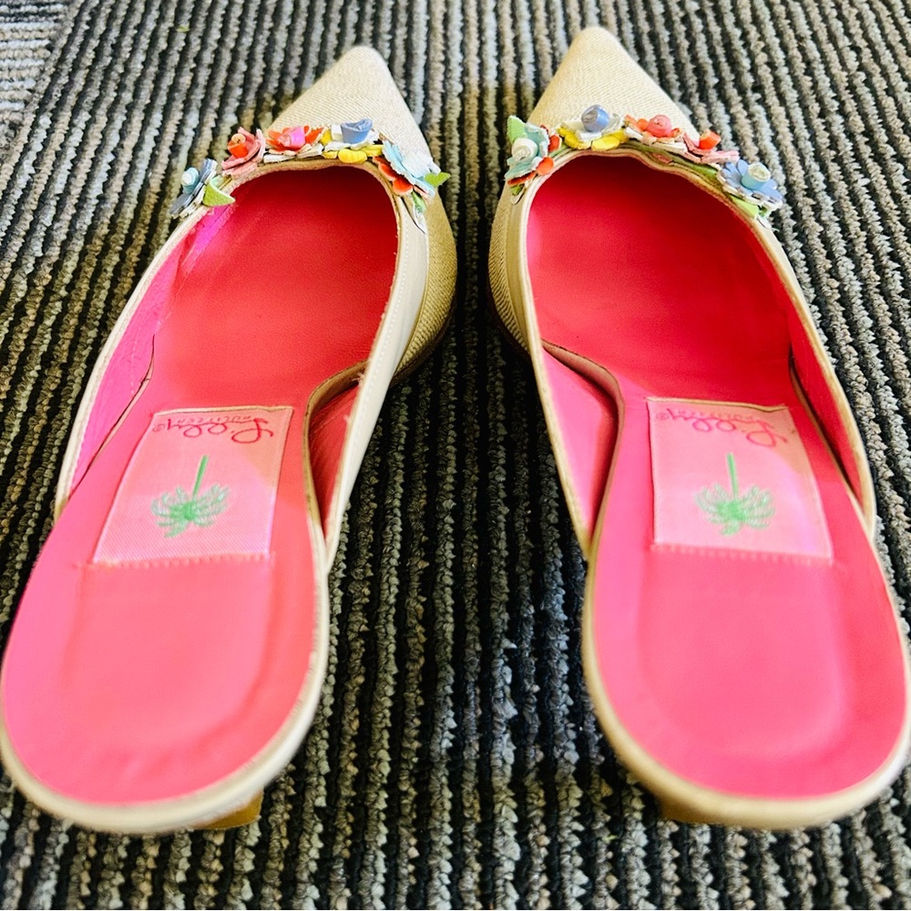 Lilly Pulitzer Natual Linen Lucky Flowers Pointed Toe Kitten Heel Mules size 6 M - Picture 7 of 15